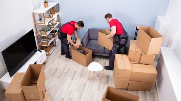 Two Young Movers In Uniform Picking And Putting Products In The Cardboard Boxes